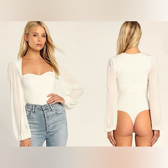 Lulus Sensational Sweetheart White Ribbed Balloon Sleeve Bodysuit, Size S, NWT - Picture 1 of 16